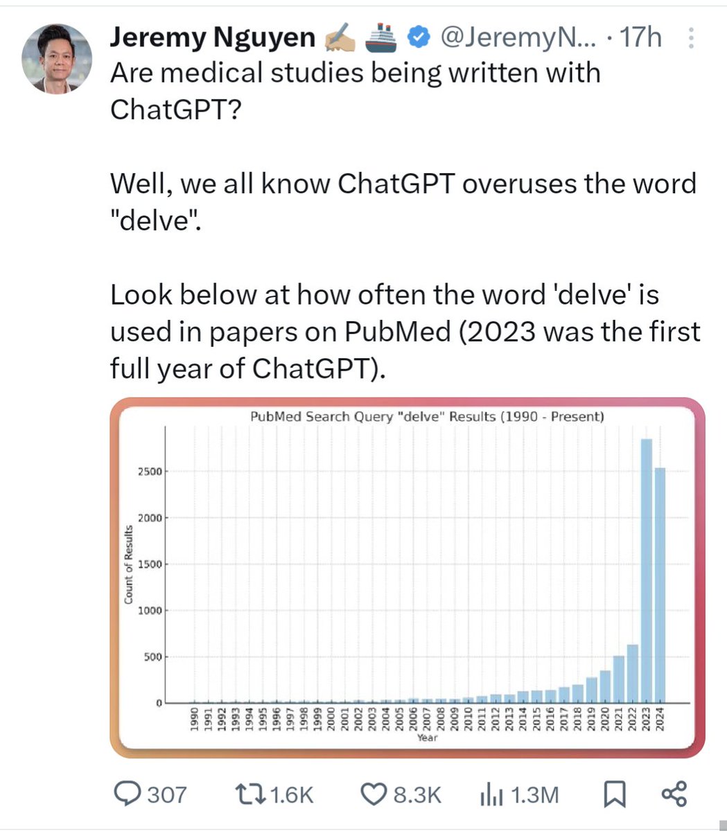 I feel like a lot of people are presenting results like this as if chatgpt is being used to like,,, fake results, and not as a writing assistant by the largely non-native English speaking community of scientists