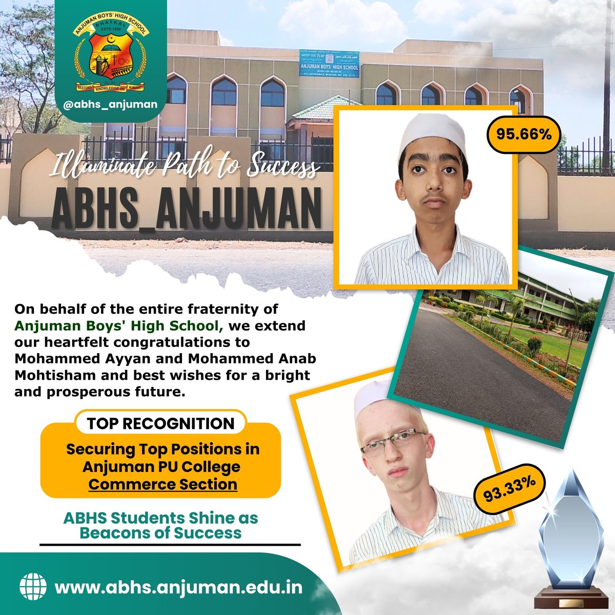 ABHS_Bhatkal's tweet photo. Illuminate Path to Success #abhs_anjuman Congratulations to our stellar students from Anjuman Boys' High School! Your outstanding performance in the Commerce Section at Anjuman PU College fills us with immense pride #MohammedAyyanSheikh #MohammedAnabMohtisham #abhsbhatkal #apuc https://t.co/IFIad7834i