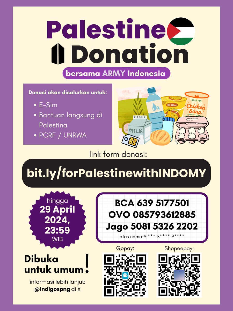 💜For Palestine with ARMY Indonesia💜 Mari berdonasi untuk teman-teman di Palestina bersama INDOMY🍉 🔗 form donasi: bit.ly/forPalestinewi… Penggalangan dana dibuka sampai 29 April, 23:59 WIB Info lebih lanjut bisa hubungi aku🫶 Ayo berdonasi🥰 #ARMY4Palestine #ConnectingGaza