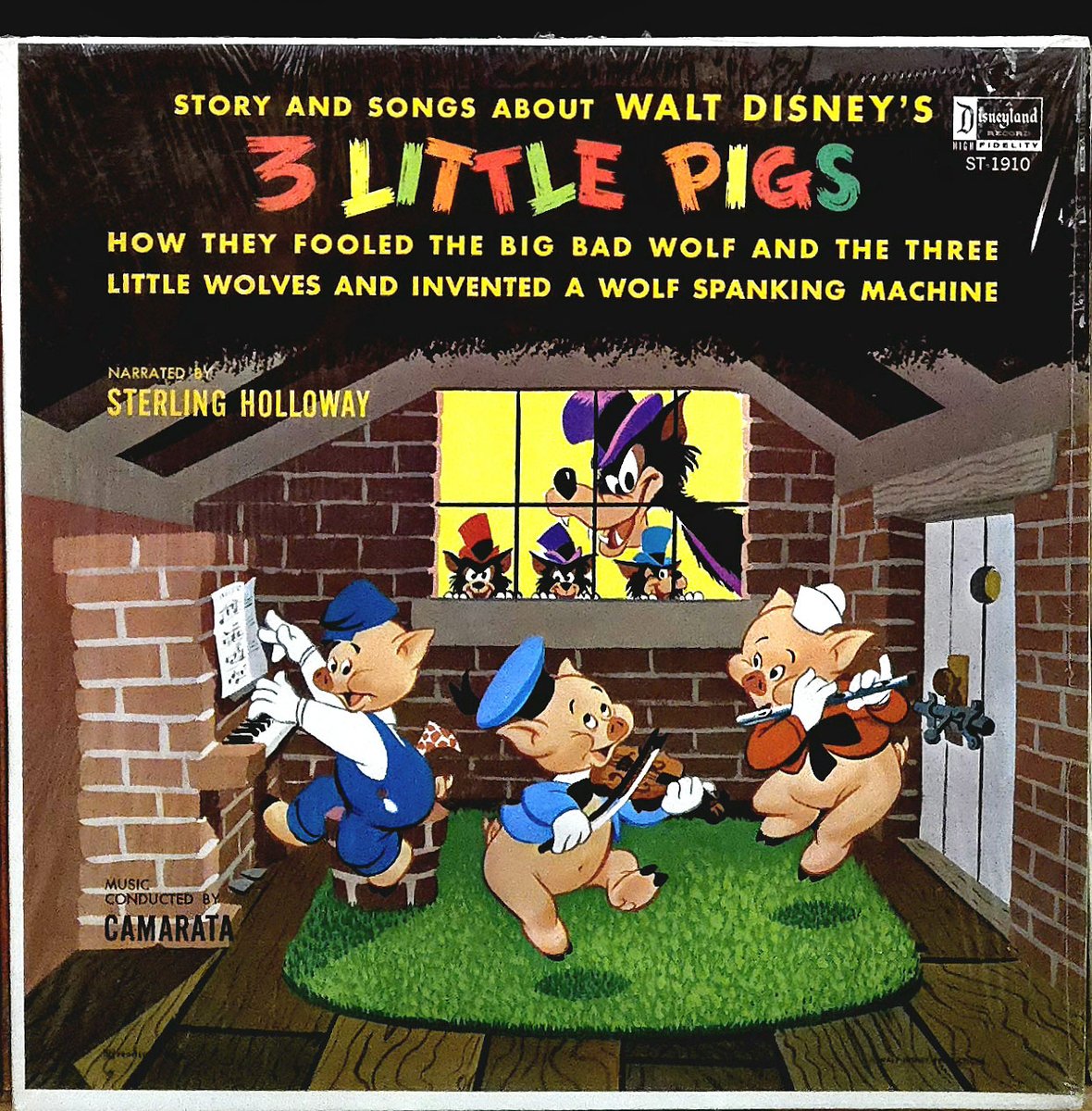 Record 9: an opened, but mint, 1963 print of Sterling Holloway narrating stories of the 'Three Little Pigs,' a combination of the 1933 feature, 1936's 'The Three Little Wolves' and 1939's 'The Practical Pig.' Released in 1961 by #DisneylandRecords. (# ST-1910) #childrensrecords