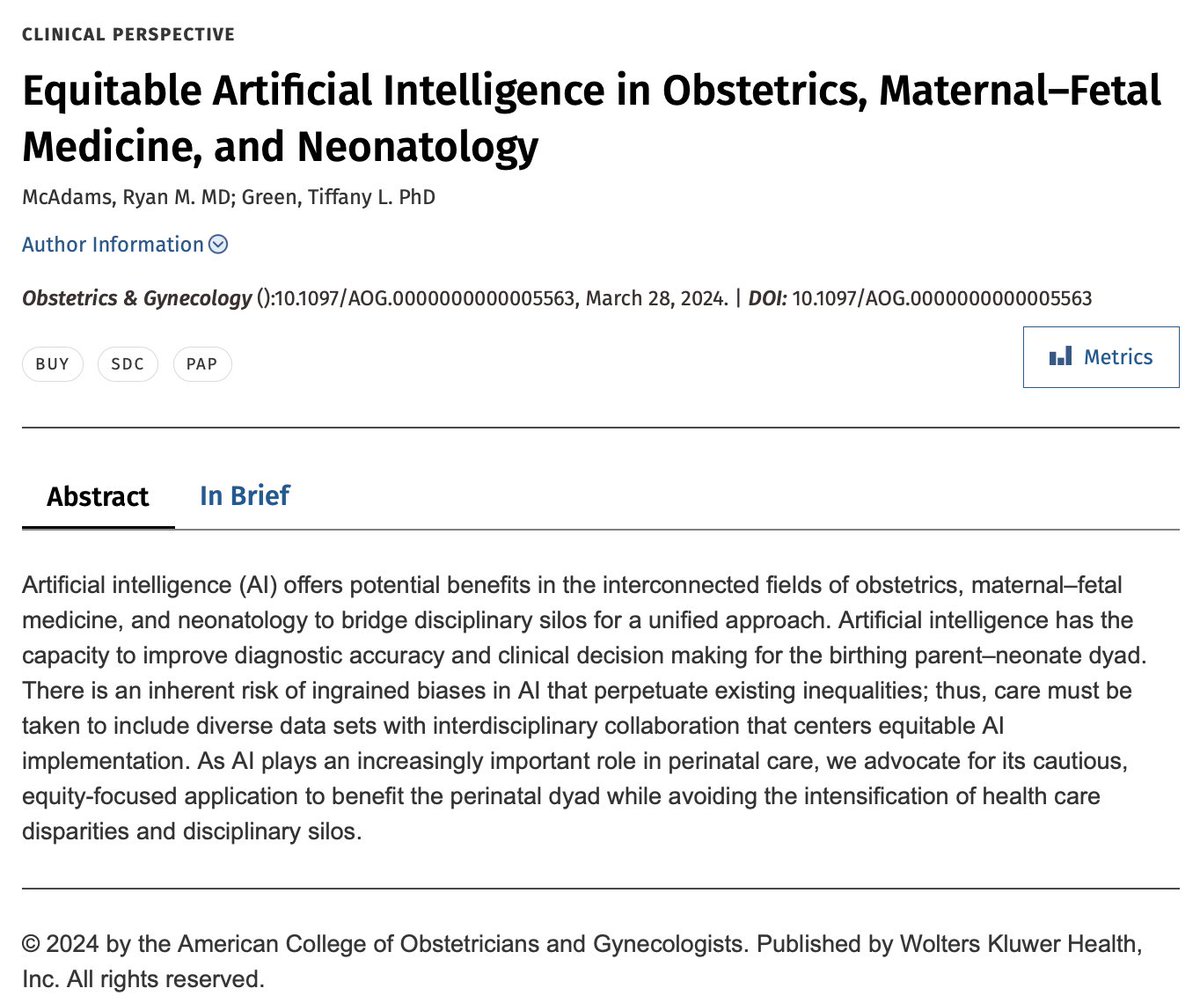 Promoting equitable healthcare in obstetrics, maternal-fetal medicine, and neonatology with AI. 🤖✨Proud to collaborate with Dr. Tiffany Green @Tiffany_L_Green 🌍 Read our full insights here: journals.lww.com/greenjournal/a…