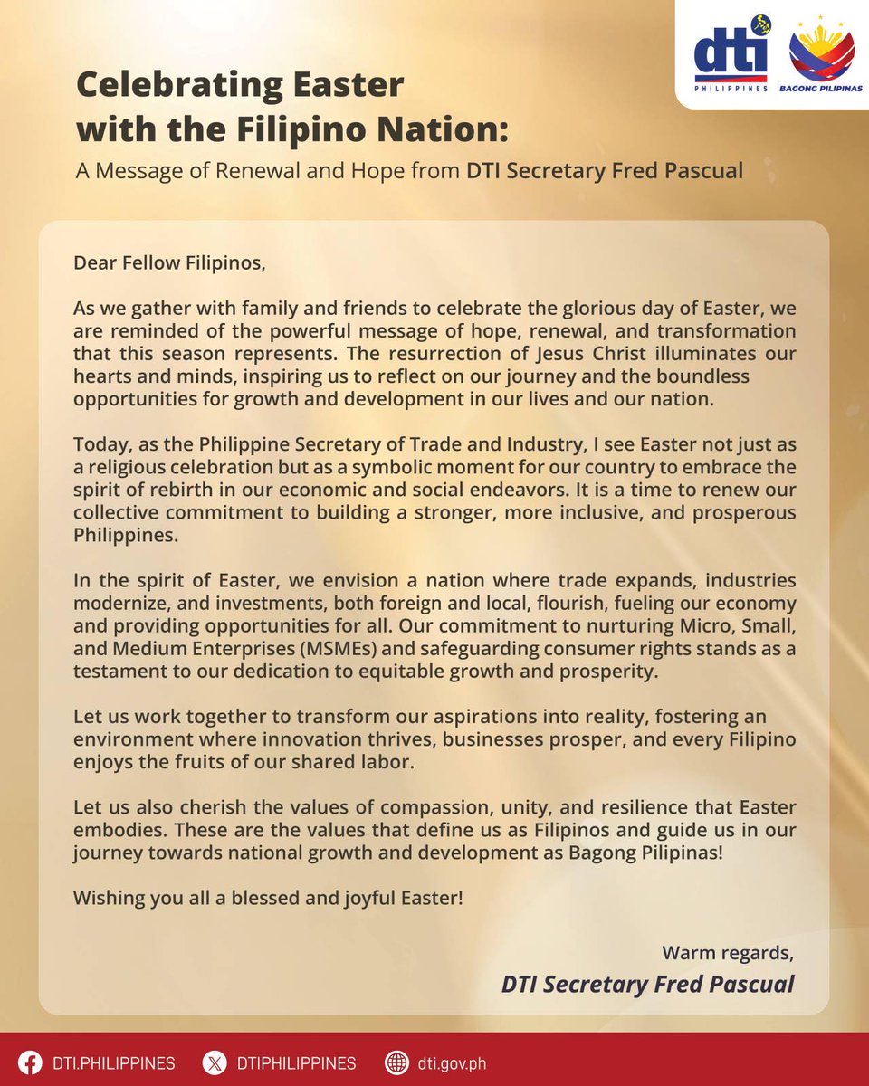 READ | Celebrating Easter with the Filipino Nation: A Message of Renewal and Hope from DTI Secretary Fred Pascual