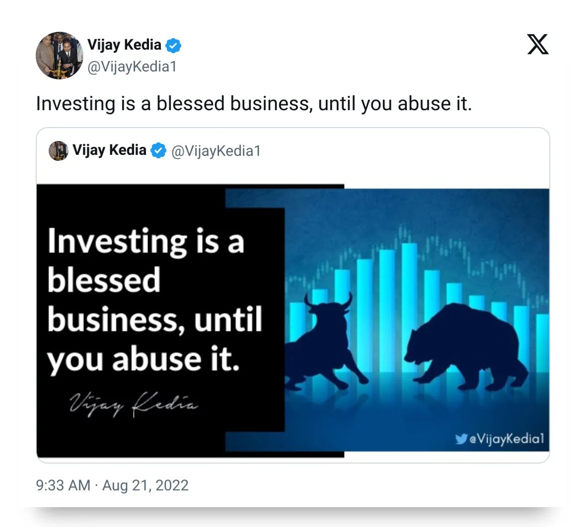 Adityashawdc's tweet photo. Investing is a blessed business, akin to forgiving. However, it is forgiving only if you refrain from cutting the flowers and neglecting to water the weeds. https://t.co/iY0zkrOGPz
