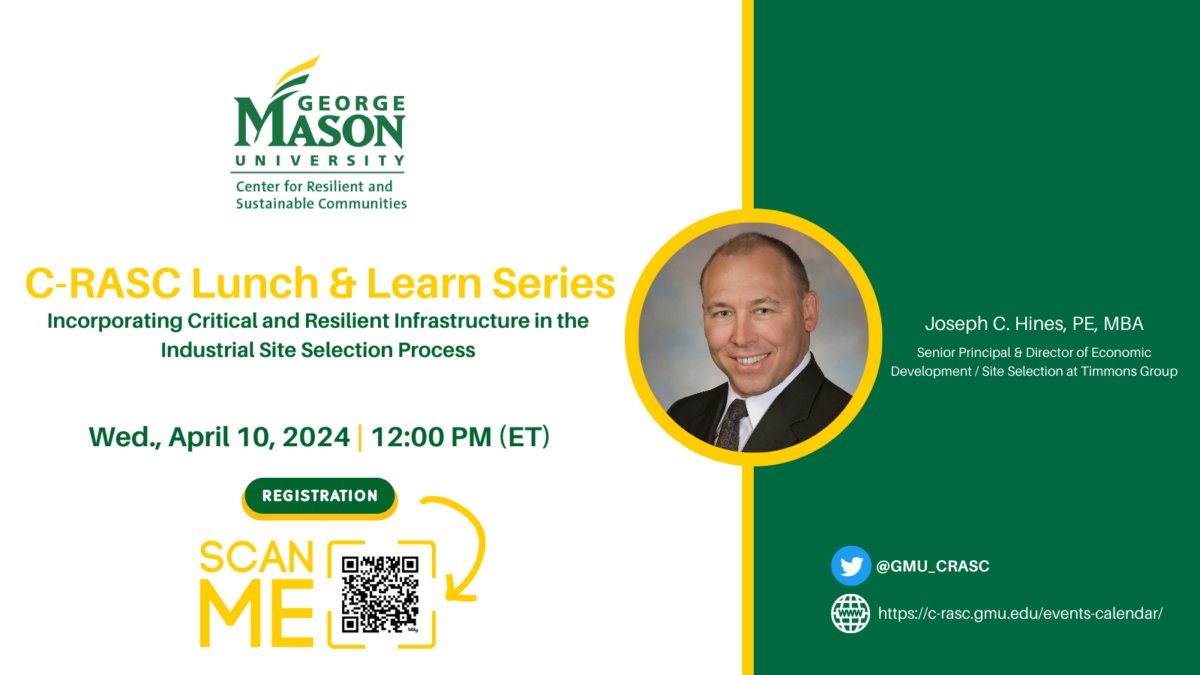 STAR_TIDES's tweet image. On Wed., Apr. 10, 2024, 12-1pm ET, watch @timmonsgroup's Joe Hines present "Incorporating Critical and Resilient Infrastructure in the Industrial Site Selection Process" as part of @GeorgeMasonU @GMU_CRASC's "Lunch and Learn" series. Register at gmu.zoom.us/meeting/regist….