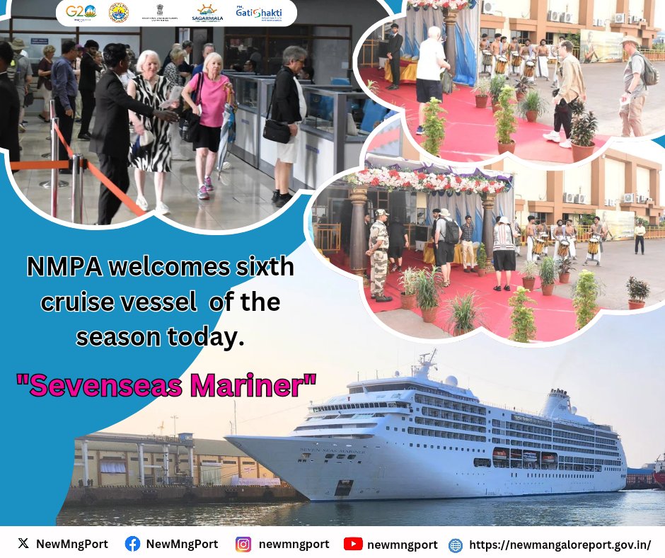 The Port is delighted to welcome the 6th vessel of the cruise season  & final vessel of FY 2023-24, 'Sevenseas Mariner' today! Carrying 610 passengers & 440 crew members. Bon voyage & a memorable experience in Mangaluru! #MangaloreTourism #CruiseTourism