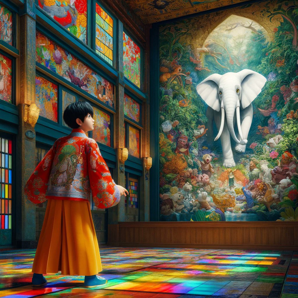Homage to #SotatsuTawaraya 8 White #Elephant: He was surprised to see it in a painting at #NanbanTemple (#南蛮寺 [Christianity temple]) in #Kyoto when he was a small boy (late 16th century). #DALLE #東京AI祭 #SOZO美術館 #俵屋宗達 #象 artsandculture.google.com/asset/early-ch…