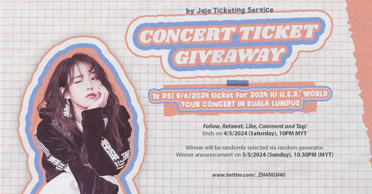 Concert Ticket Giveaway ㅡ 2024 IU H.E.R. WORLD TOUR CONCERT IN KUALA LUMPUR #HER_WORLD_TOUR_IN_KL #IUinKL 🎟️ 1x PS1 ticket on 9/6/2024. 🔹Follow @_ZH4NGH40 . 🔹Retweet and like this tweet. 🔹Reply WHY you want to see IU and tag one of your friend. 🔺Ends on 4/5/2024, 10PM.