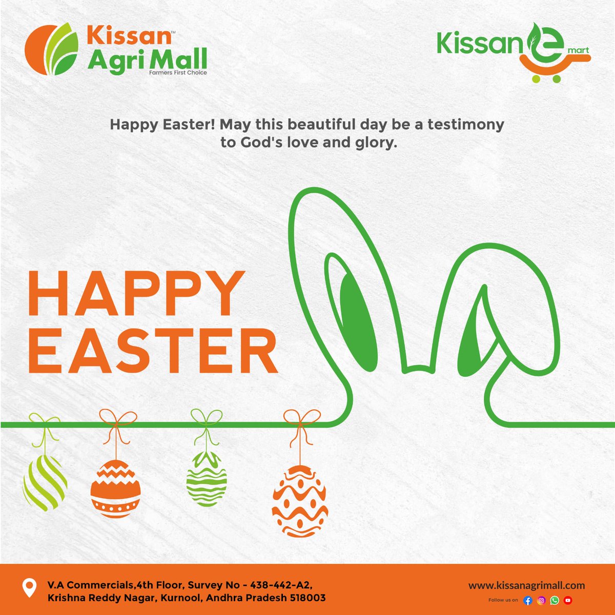🌼 Happy Easter! 🌼

Join us in celebrating this season of renewal and hope. May the joyful spirit of Easter bring abundance, peace, and overwhelming love to all. 🐣🌸

#EasterBlessings #SpringtimeJoy #KissanAgriMall
🌟🐰🌷