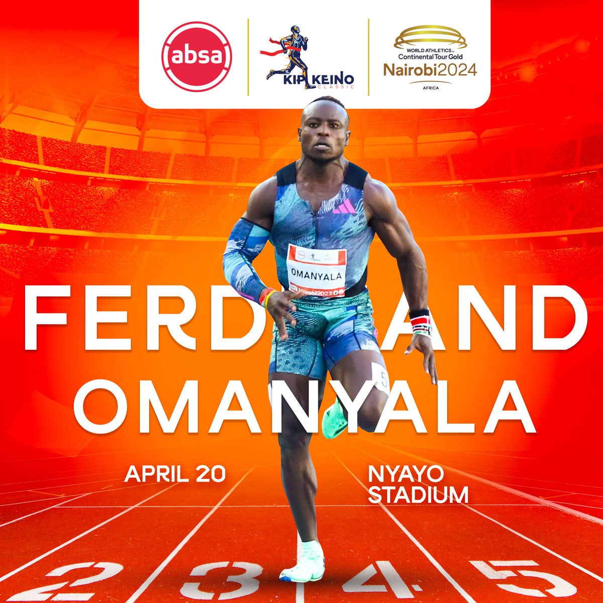 The Champ is Here! We are excited to announce that @ferdiomanyala, a true powerhouse in athletics, will participate in the highly anticipated #AbsaKipkeinoClassic2024. Men's 100M is about to get litty #TwendeNyayoStadium