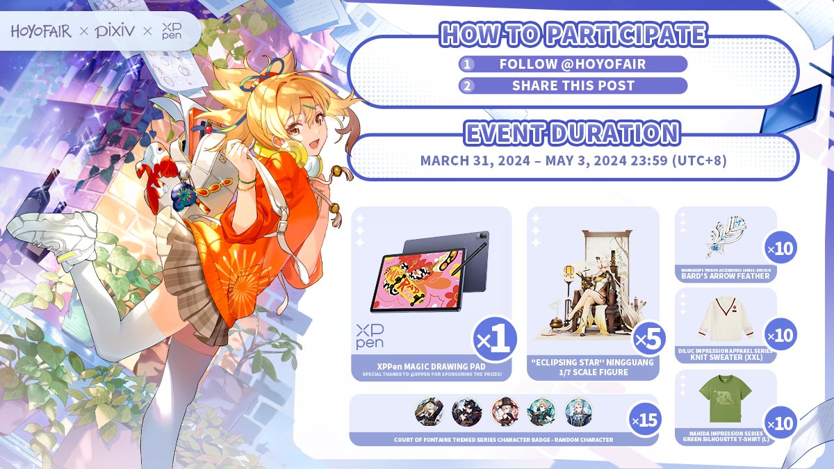 The Genshin Impact Profession Inspiration Fan Art Contest has begun! Come design an outfit for your favorite character~ hoyo.link/60AiFBAL How to Participate 1. Follow @HoYoFair 2. Share this post Event Duration March 31, 2024 – May 3, 2024 23:59 (UTC+8) Special thanks to…