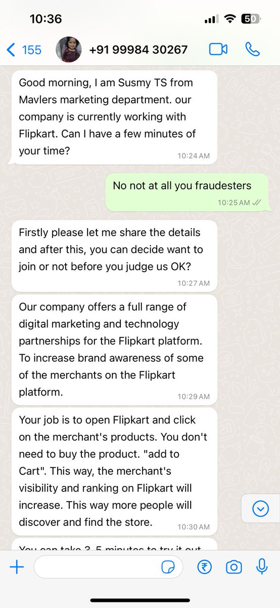 definitely_raj's tweet photo. Hi @Flipkart , sharing you the screenshot of a fraud claiming to be working with you &amp; are trying to steal money from peoples by using your name. I hope, an action will be taken. So, that people do not loose faith in the brand. @_Kalyan_K @flipkartsupport https://t.co/6e4y72AEEs