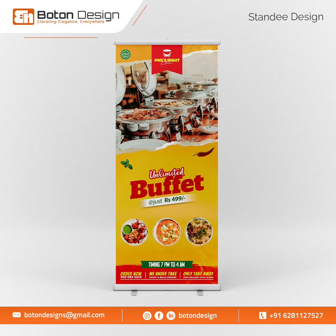 Standee design for owl's night kitchen.
Restaurant standee design
#standee #standeedesign #banner #bannerdesign #restaurant #food #foodanddrink #design #designer #graphicdesign #graphicdesigner #kitchen #rollupbanner #restaurantmarketing #restaurantadvertising #marketing