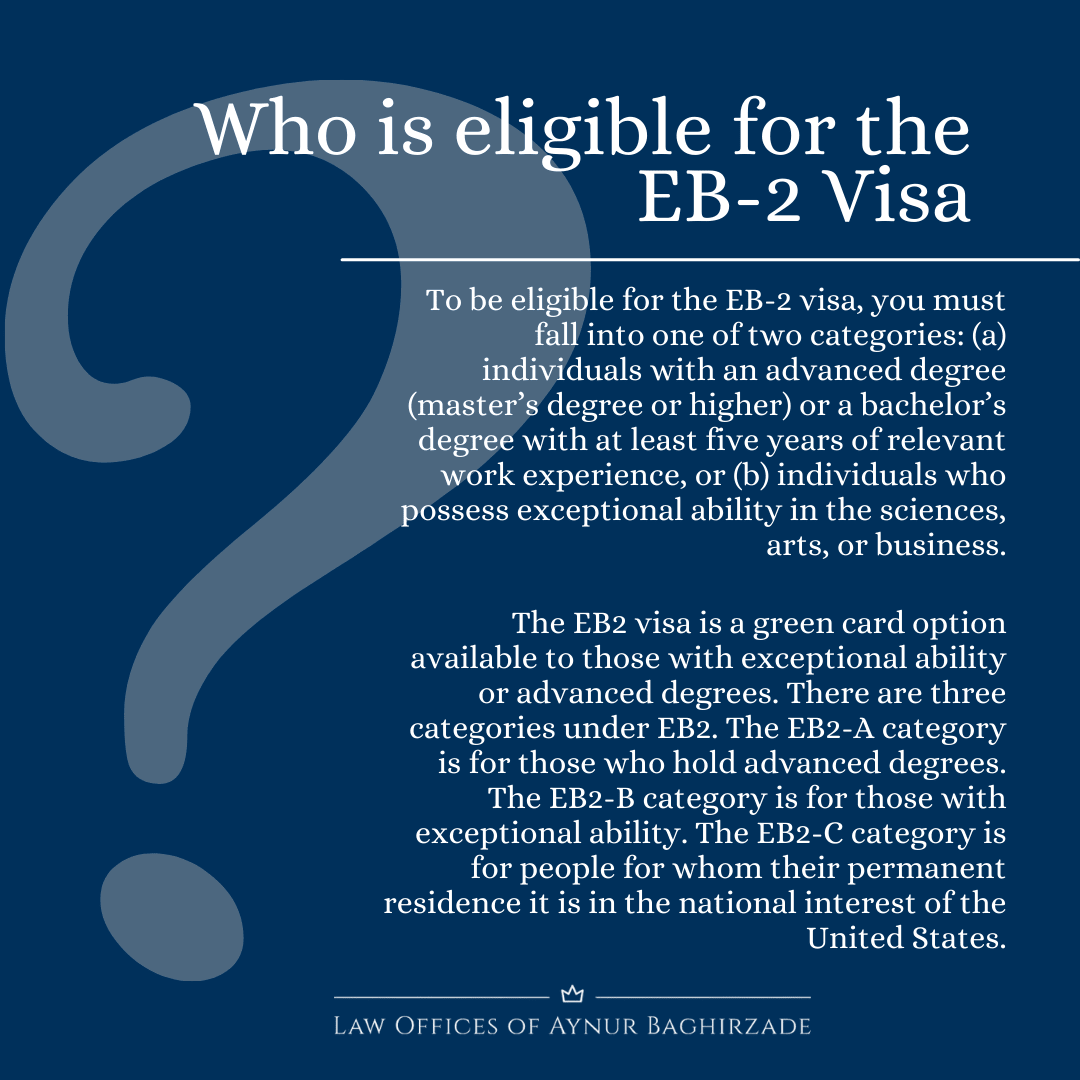 Professionals with advanced degree, exceptional ability and those whose talents fit US national interests can get a green card!

#EB2Visa #TalentMigration #USImmigration  #InnovationGateway #GlobalTalent #USVisa #WorkintheUSA #SkilledMigration #ImmigrantLife