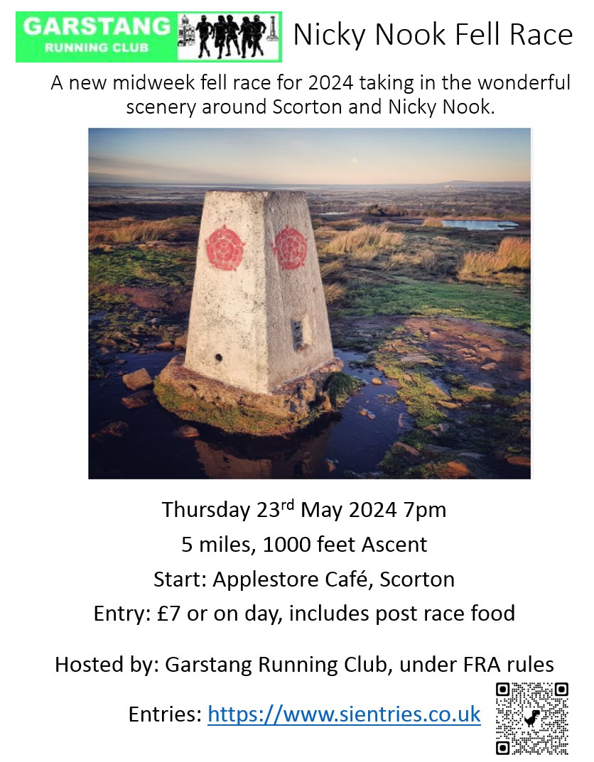 We have a new race this year, and it is a fell race up and around the magnificent Nicky Nook on Thursday 23 May. Just £7, and that includes post-race food. QR code in the picture to register in advance