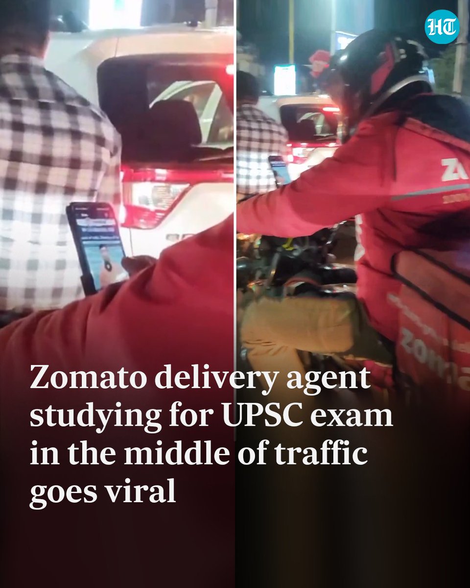 The dedication and hard work of a #Zomato delivery driver who was recorded studying for #UPSC exam in the middle of #traffic has gone viral on social media. Read more: hindustantimes.com/trending/zomat…