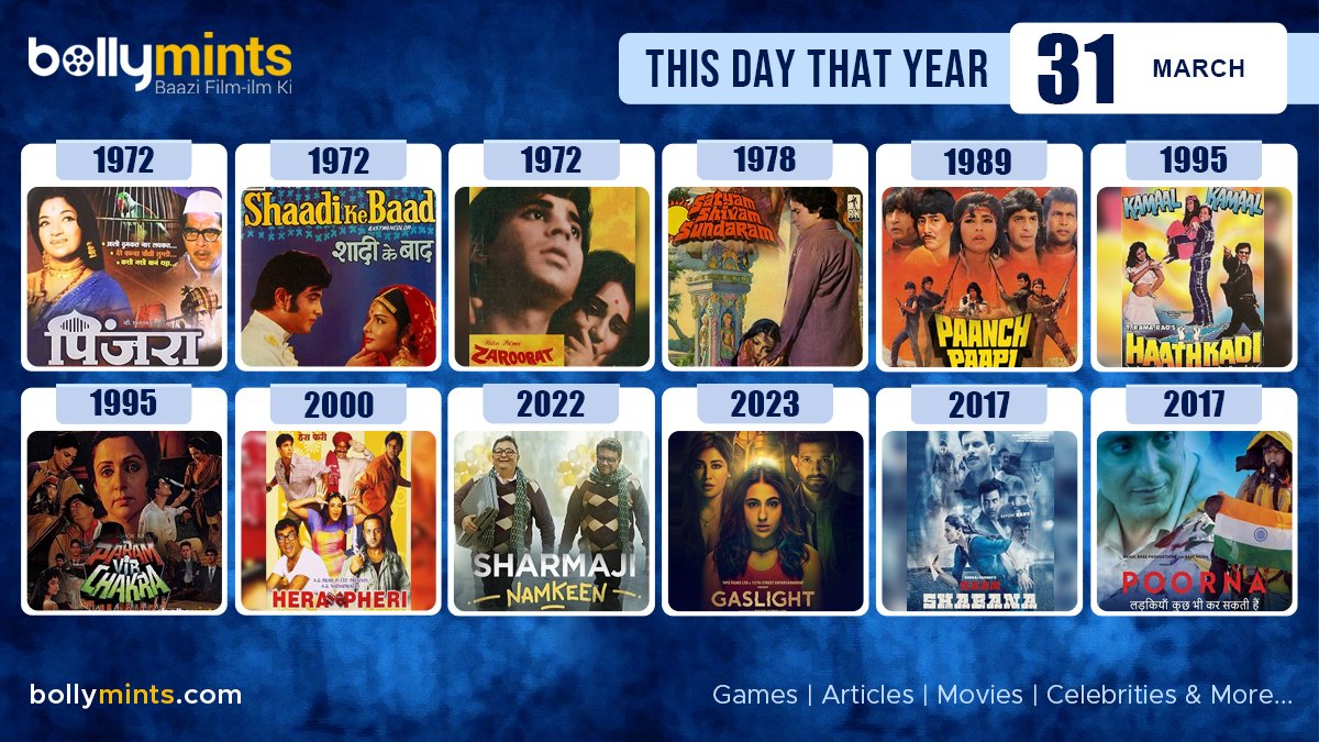 Here are the few #BollywoodMovies released on this day. Stay tuned at bollymints.com for more #updates #ThisDayThatYear #31March #Pinjra #ShaadiKeBaad #Zaroorat #SatyamShivamSundaram #PaanchPaapi #Haathkadi #HeraPheri #NaamShabana #Poorna #SharmajiNamkeen #Gaslight