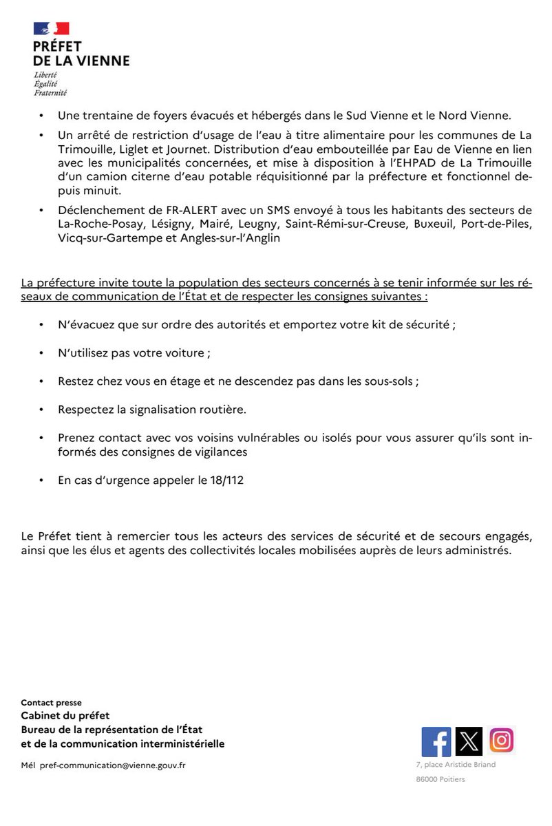 🔴 Vigilance #Crues Rouge et Orange
 ➡️ Sud #Vienne86 : la décrue se poursuit
Les sapeurs-pompiers reprennent leurs opérations
 ➡️ Vienne / Chauvigny - Châtellerault : poursuite de la crue.
 ➡️ Nord Vienne / Secteur Creuse : la crue va se poursuivre jusqu’en fin de matinée
Le