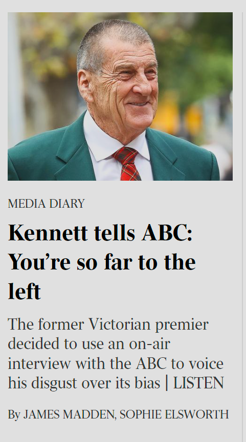 #ABCbias  , not a conservative Journo employed. 

Pure #LefturdRubbish.  Jeff Kennett calls it out. Well done Jeff.