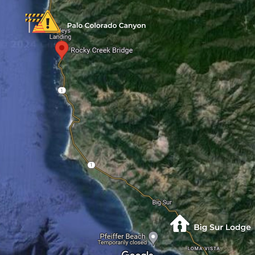 MontereyCoInfo's tweet image. Here is a better map of the new Hwy 1 closure area. No reopening ETA yet. If you are a tourist stranded by the Rocky Creek Slip out, the Big Sur Lodge is offering a safe place for those in need while emergency personnel determine next steps.