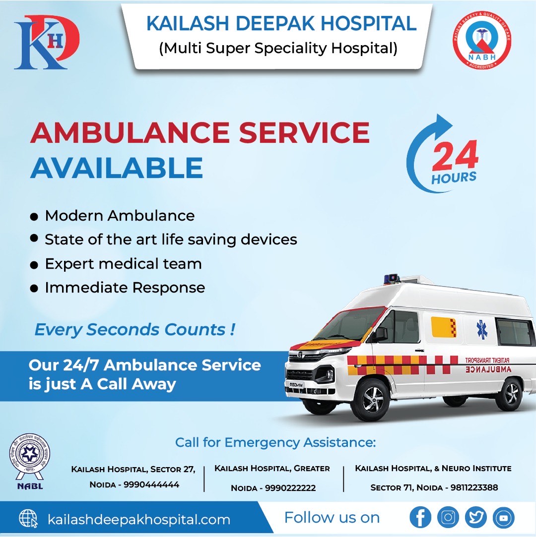 At Kailash Deepak Hospital, we understand the importance of timely medical help. Our dedicated ambulance services are just a call away, ensuring you receive the care you need when it matters the most.

#Emergency help is just a call away: 011- 35 35 35 35

#AmbulanceServices