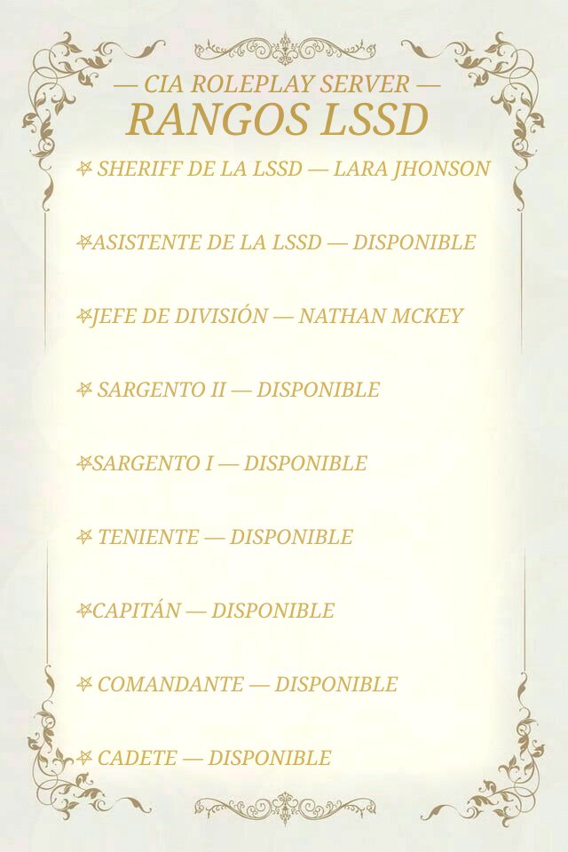 ROLEPLAY_CIA's tweet photo. ✩┆RANGOS ACTUALES DE LA LSSD
[ se irá actualizando conforme hayan nuevos roleadores ] https://t.co/gsMyCR6NaN