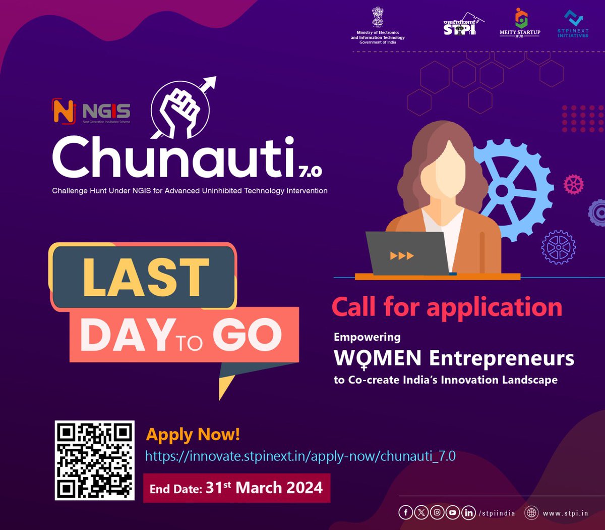 Calling all #women-led #startups! 🚀 Are you ready to take your innovation to new heights? Join the revolution and be a part of #NGIS #CHUNAUTI 7.0 to grow your venture, achieve profitability, and make a global impact. Last day to Apply ! Apply Now: innovate.stpinext.in/apply-now/chun…