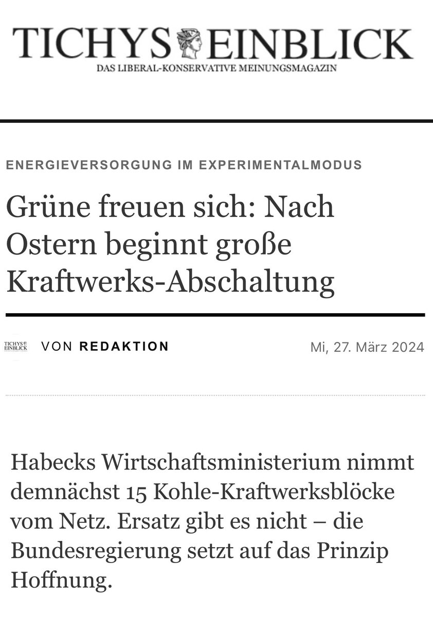 #Habeck schaltet ab #Ostermontag 15 Kohlekraftwerke ohne jedwede Form des Ersatzes ab.

Die #Gruene 'Wirtschaftskompetenz'.

Frohe #Ostern…

#Ostern2024 #Kohleausstieg #GruenenInkompetenz