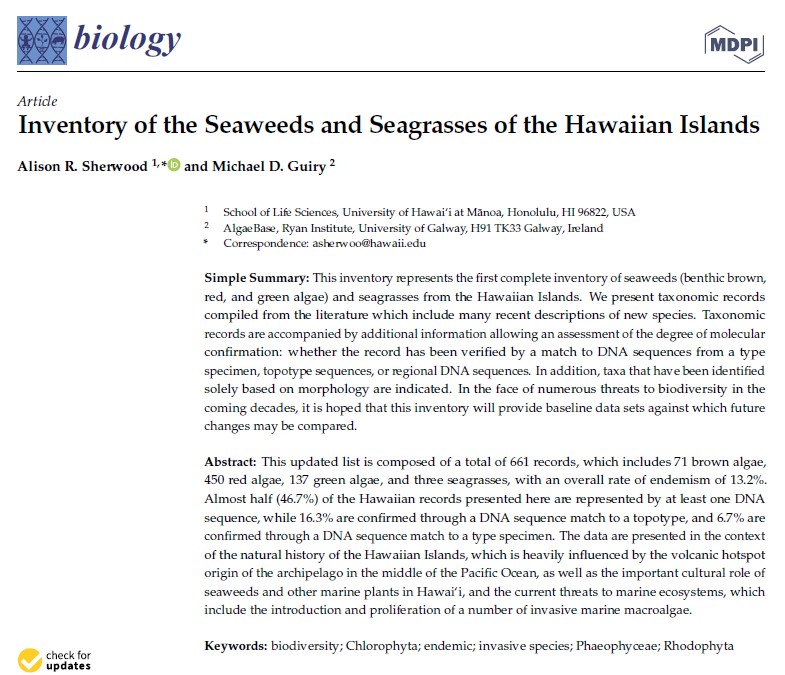 #OpenAccess🔓| 'Call-for-Reading' 🎈'Inventory of the Seaweeds and Seagrasses of the Hawaiian Islands' 🎈by Alison R. Sherwood (from @uhmanoa) and Michael D. Guiry (from @uniofgalway) 🎈Fully available here: mdpi.com/2101024.. #biodiversity #Chlorophyta #invasivespecies