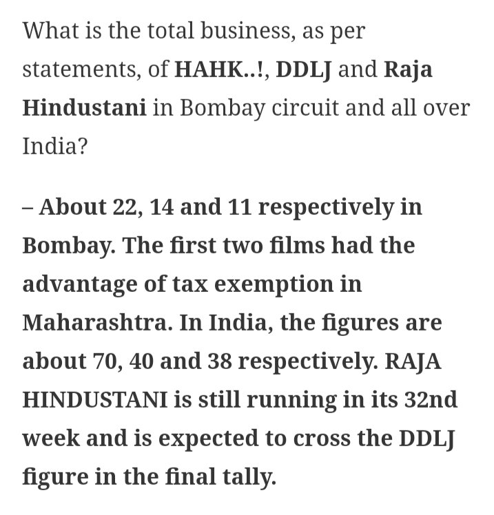 The all-India Business of - HUM AAPKE HAIN KOUN (Rs 70 crore net) DDLJ (Rs 40 crore net) RAJA HINDUSTANI (Rs 38 crore net till 32nd week) It was expected that RAJA HINDUSTANI will cross DDLJ in the final run. SOURCE - Fil Information 1997 (@KomalNahta) #SalmanKhan #SRK…