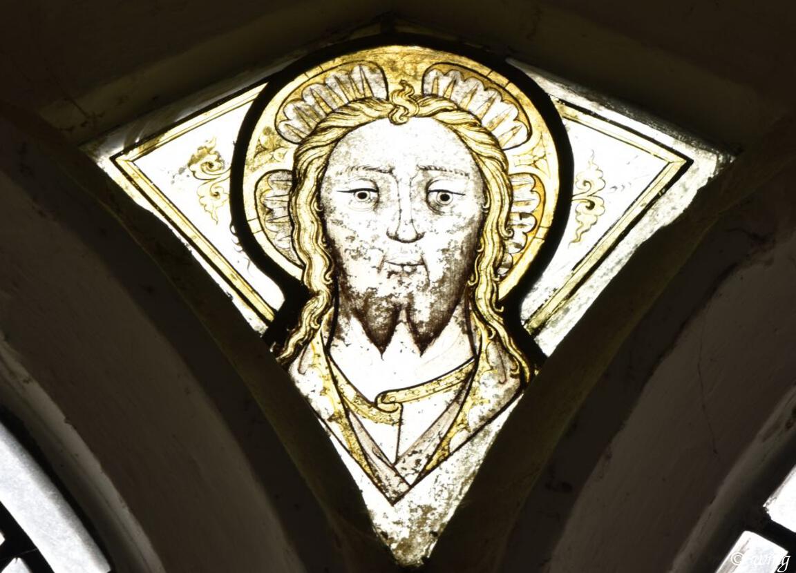 #StainedGlassSunday
St Edmund, South Burlingham, #Norfolk
#MedievalGlass, Head of Christ in the tracery