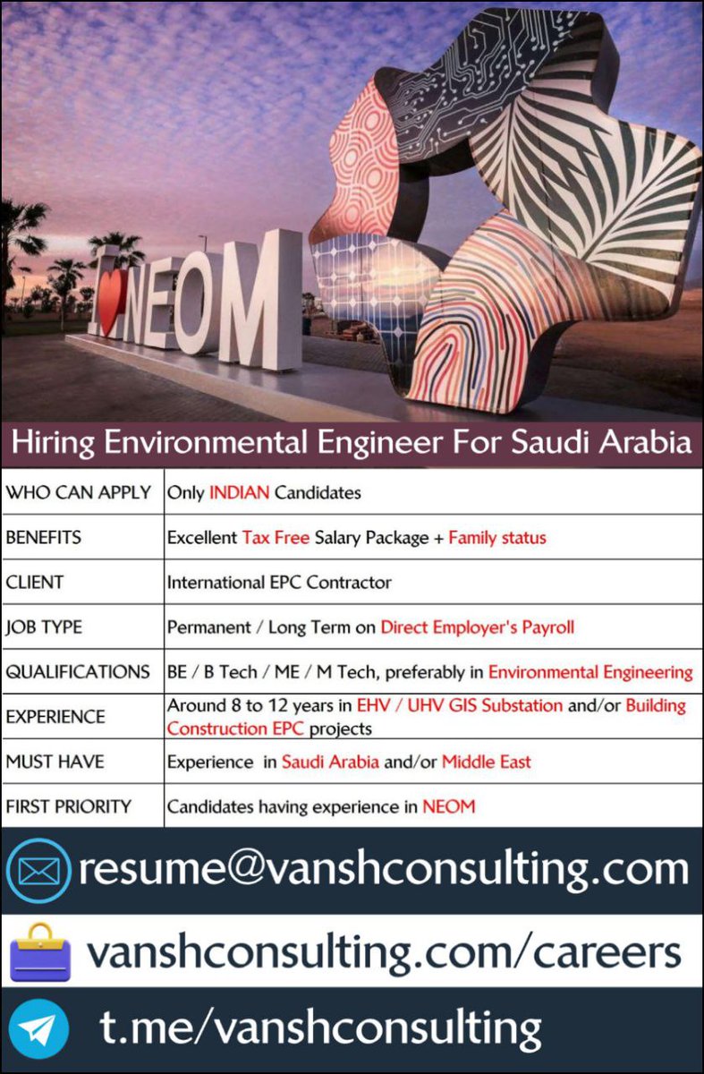 #Hiring #Indian candidates - #Environmental Engineer for @NEOM projects in #SaudiArabia 
#India #Indians #substation #substations #Civil #Building #Construction #BuildingConstruction #CivilConstruction #jobsinsaudi #saudiarabiajobs #jobsinsaudiarabia #ksajo #EnvironmentalEngineer
