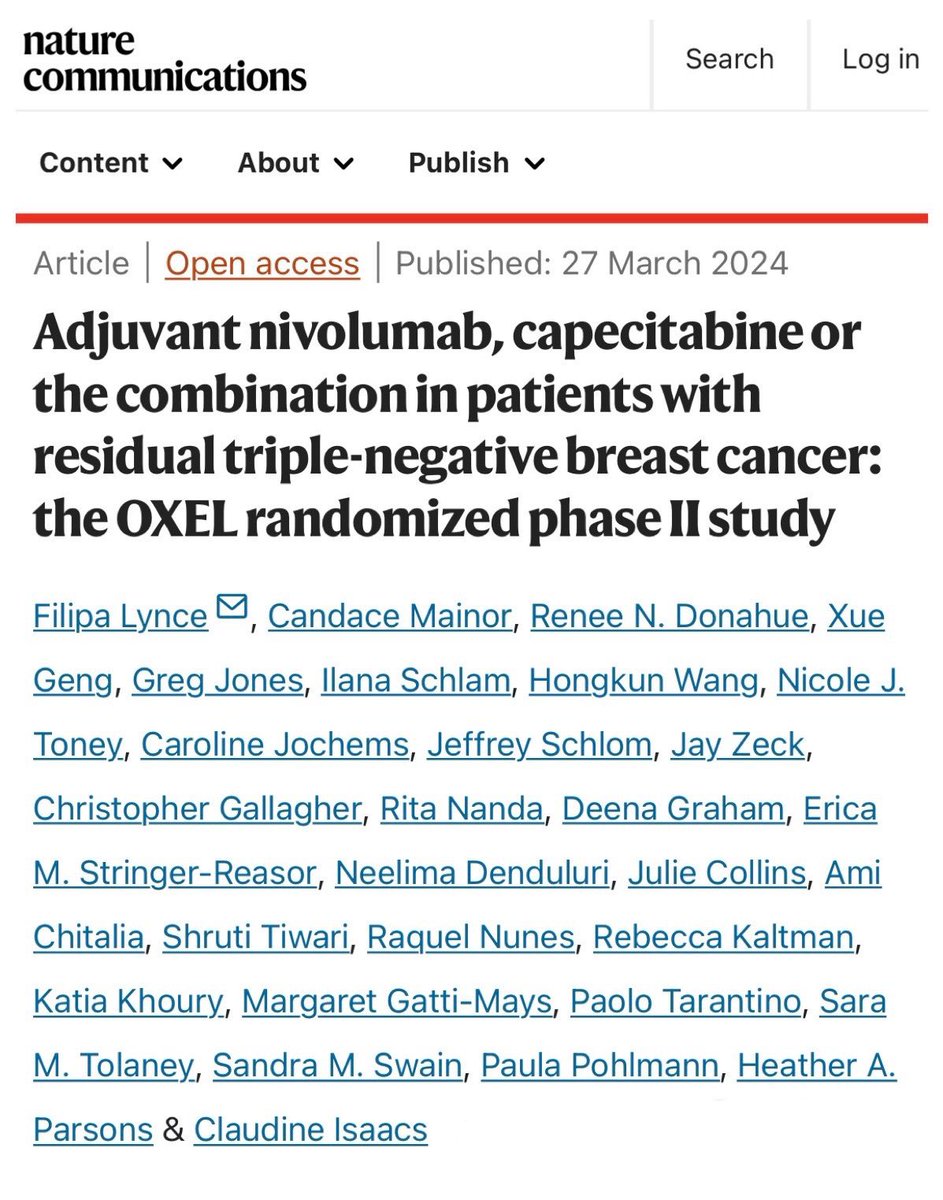 The OXEL trial, led by @FilipaLynce, is out on @NatureComms. Among 45 pts with residual TNBC after NAT, adjuvant nivo/cape were well tolerated, increased peripheral immune score & led to numerically improved 2y iDFS (91%) vs nivo (47%) or cape alone (53%). nature.com/articles/s4146…