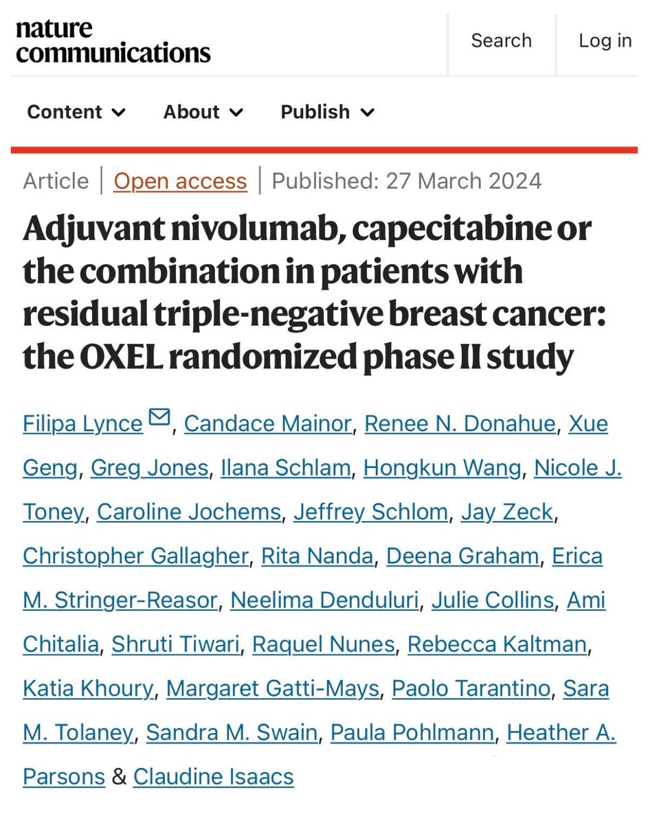 PTarantinoMD's tweet photo. The OXEL trial, led by @FilipaLynce, is out on @NatureComms. Among 45 pts with residual TNBC after NAT, adjuvant nivo/cape were well tolerated, increased peripheral immune score &amp; led to numerically improved 2y iDFS (91%) vs nivo (47%) or cape alone (53%). https://t.co/9h5sfN8VPt https://t.co/cK2yOyB469