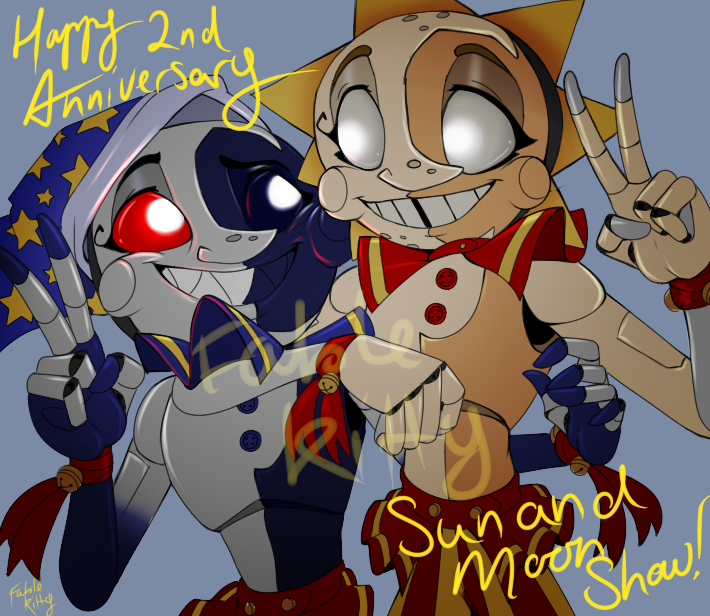 I missed the server event. But I still managed something. Happy second channelversary Sun and Moon show. Still here after two years. ^^ <3 #sun #sundrop #sunrise #moon #moondrop #tsams #tsbs #fnaf #daycareattendant #invisdavistwt @InvisibleDavis @ECUniversal1