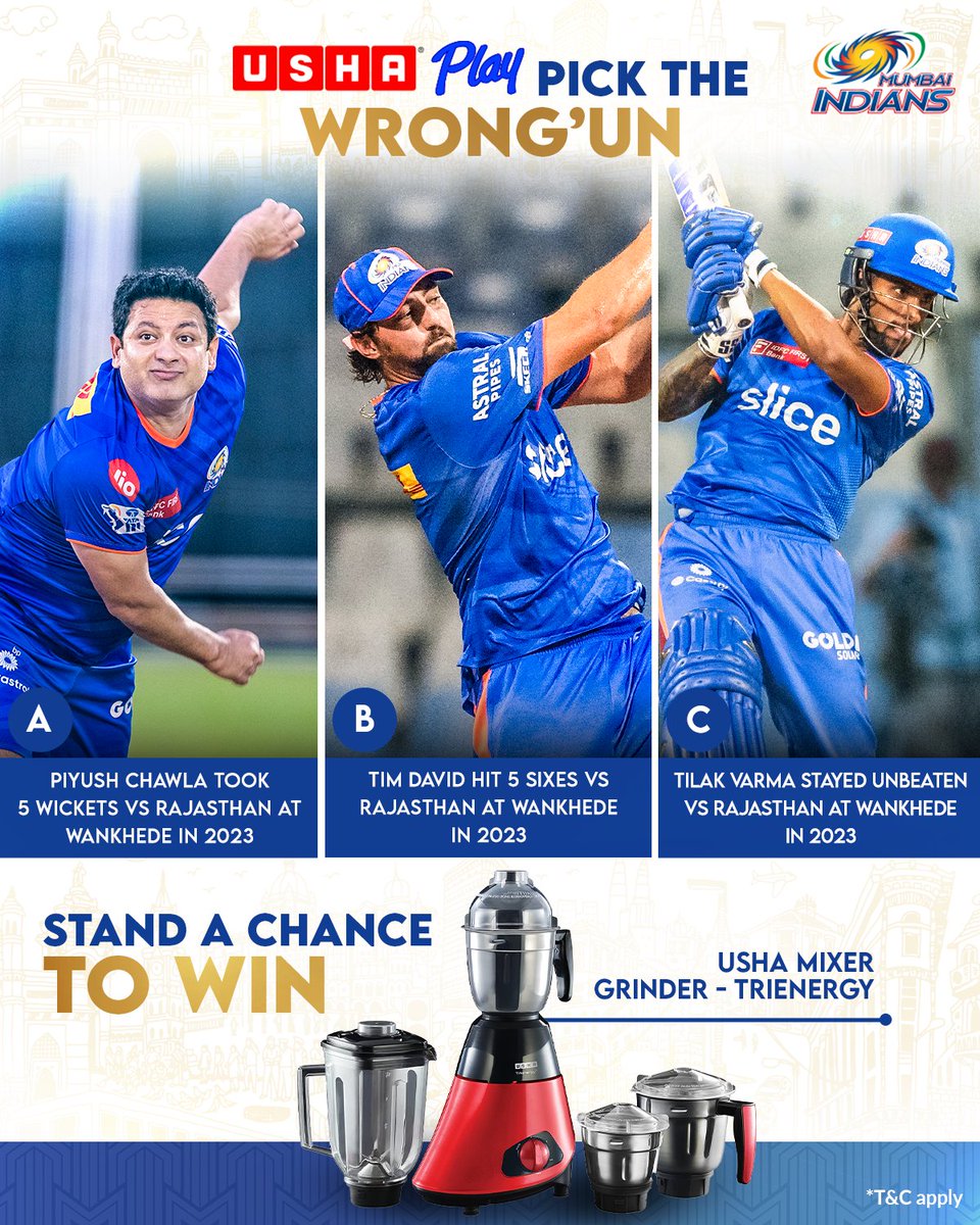It's time to pick the 𝐖𝐫𝐨𝐧𝐠'𝐔𝐧 again! 😎 @UshaPlay Mixer-Grinder is up for grabs! Answer with the incorrect option & stand a chance to win it. 😍 Read the T&C 👉 bit.ly/USHAContest #MumbaiMeriJaan #MumbaiIndians