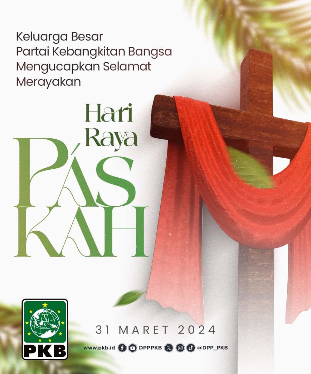 Keluarga Besar Partai Kebangkitan Bangsa (PKB) mengucapkan selamat Memperingati Hari Raya Paskah bagi Umat Kristiani. Semoga perayaan ini membawa sukacita, kedamaian, dan berkat bagi seluruh umat di dunia. AMIN. #1PKB #Paskah