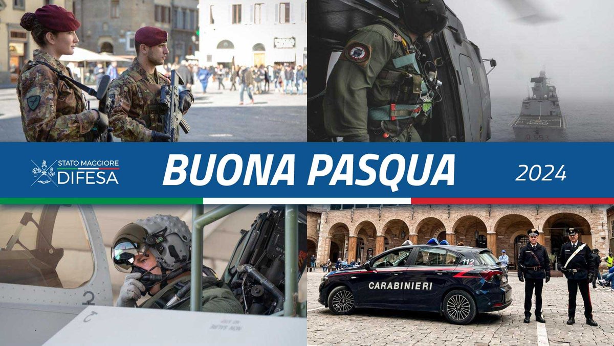 Auguri di Buona #Pasqua
a tutte le Italiane e a tutti gli Italiani
dalle #ForzeArmate🇮🇹 
anche oggi impegnate in Patria e all'estero per la sicurezza del Paese
#Esercito #MarinaMilitare #AeronauticaMilitare #Carabinieri 
#UnaForzaperilPaese
#31marzo 
#BuonaPasqua #HappyEaster