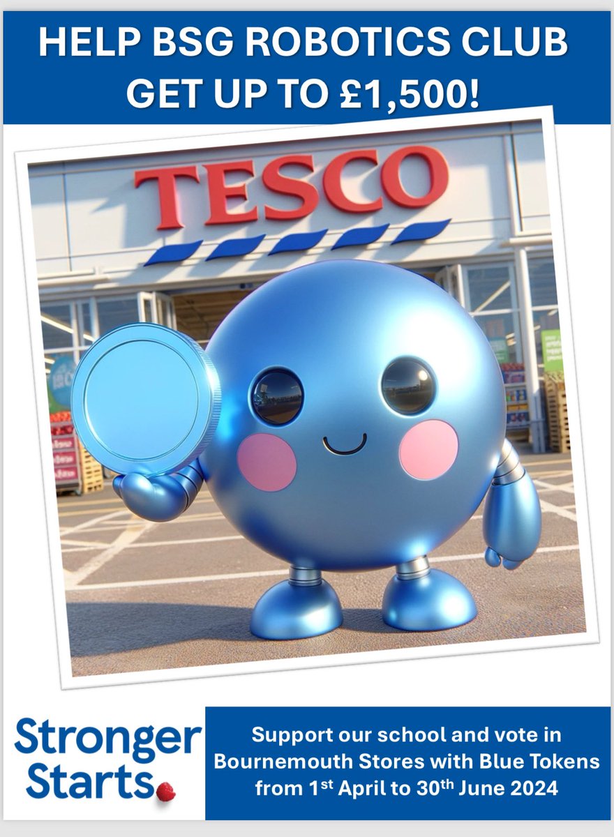 🚀 Exciting news! Tomorrow is the launch of the @Tesco voting for BSG Robotics🔵. Make your purchases count by voting for us at Bournemouth stores starting tomorrow! Your support can help us empower girls in engineering & STEM education. 🦾🤖@BSGupdate @FTC_UK #strongerstarts