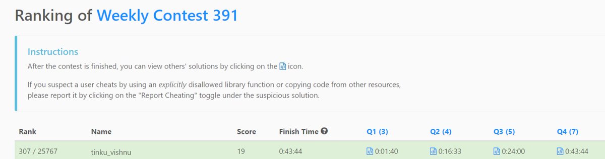 Got the Global Rank of 307 in LC Weekly Contest 391. #leetcode