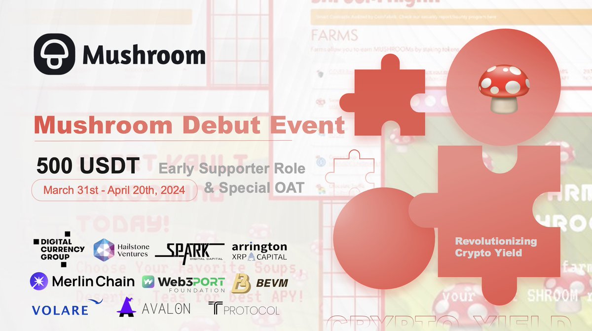 🍄 Calling All Crypto Enthusiasts! Join us for the Mushroom Debut Event on galxe.com/44qyjzzYyCSfyg… ⏰March 31st to April 20th! 💰500 $USDT + Early Supporter Roles in community + NFT as rewards! Be a pioneer in the #Mushroomfinance community & Revolutionizing Crypto Yield🚀