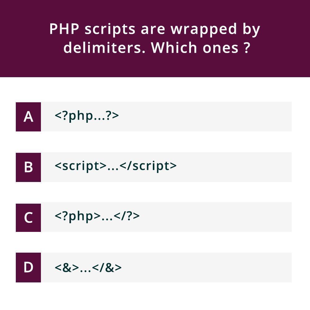 WeArePirple's tweet image. PHP scripts are wrapped by delimiters. Which ones?
#php #php7 #php5 #codeIgniter #laravel #zendFramework #wordpres #joomla #drupal #hhvm #code #learnToCode #pirple