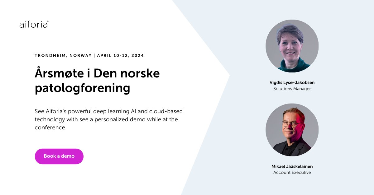 On April 10-12 we will be at the Årsmøte i Den norske patologforening in Trondheim, Norway! Meet our team to learn more Aiforia's powerful deep learning AI and cloud-based technology. Get in touch ➡️ hubs.la/Q02r4X3Y0