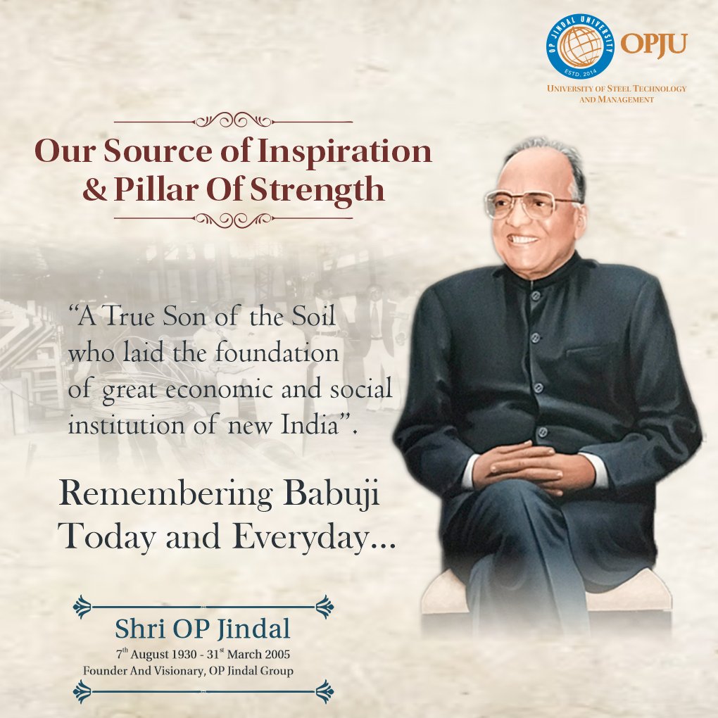 We pay heartfelt tributes to our revered founder father Shri OP Jindal Ji on the occasion of his 19th 'Punyatithi'. We are committed to Babuji's vision of bringing social transformation through quality education. #RememberingBauji @MPNaveenJindal @shallujindal20 @DrRDPatidar