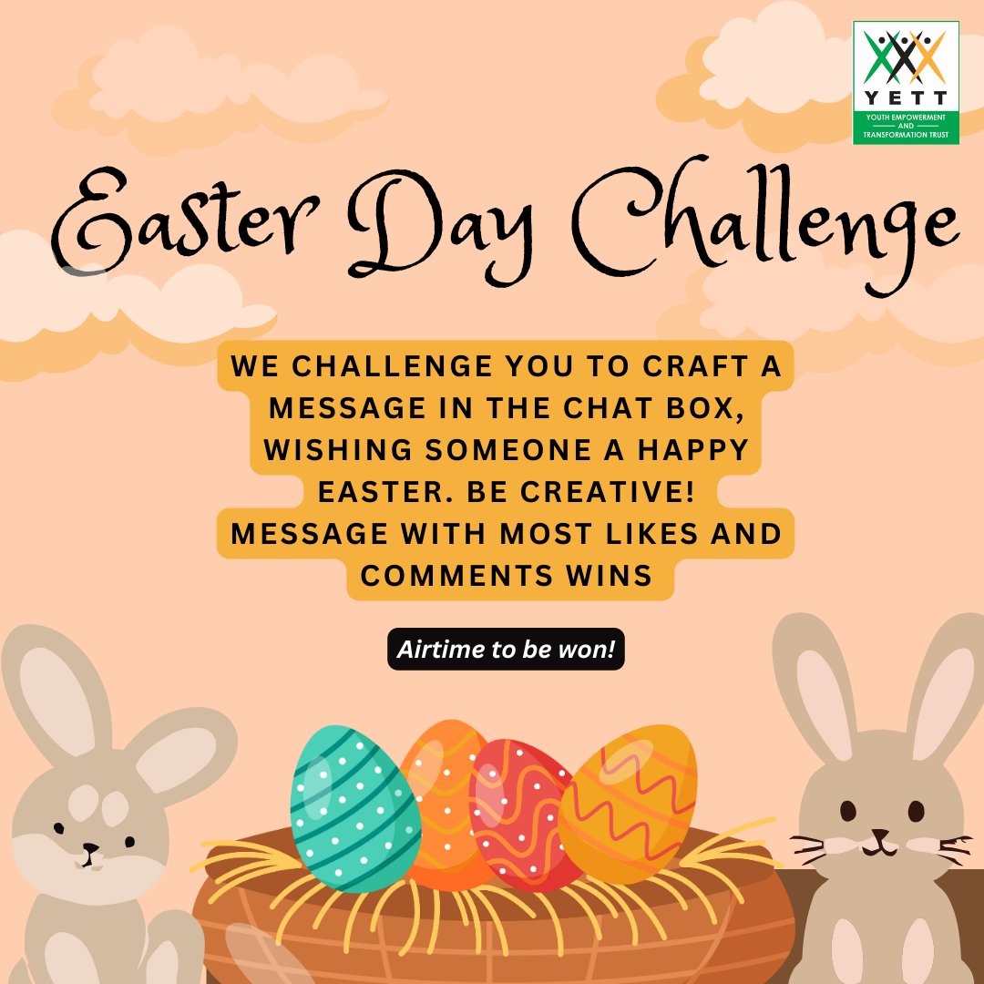 We challenge you to craft a message in the chat box, wishing someone a Happy Easter. Be creative! Message with most likes and comments wins. NB: Challenge ends Easter Monday at 6pm !