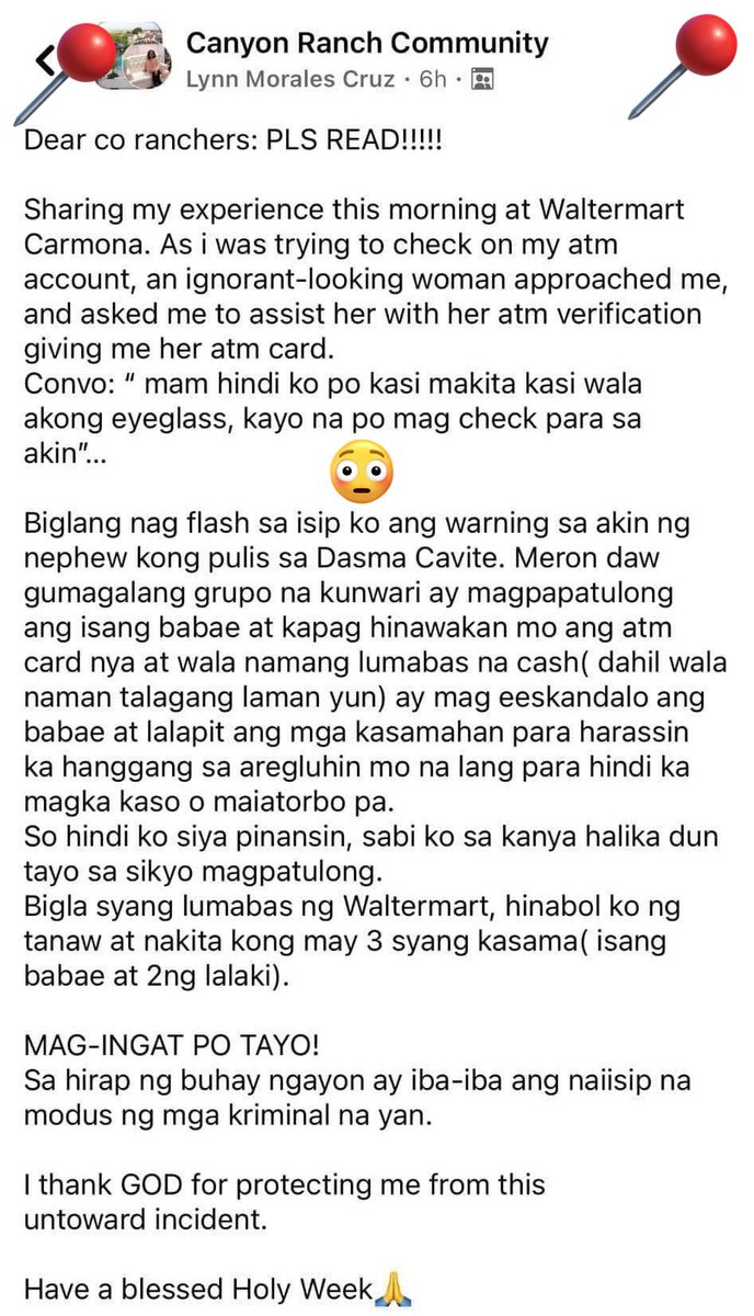Share ko lang para maging babala.Wala namang masama kung dun tayo sa sigurado at hindi tayo mapapahamak.

Sa panahon ngayon dahil maging alerto ka dahil maraming masasamang tao na gagamitin ang kabutihan mo para manakawan ka nila.

Naglipana ang mga kawatan ngayon.Marami sila