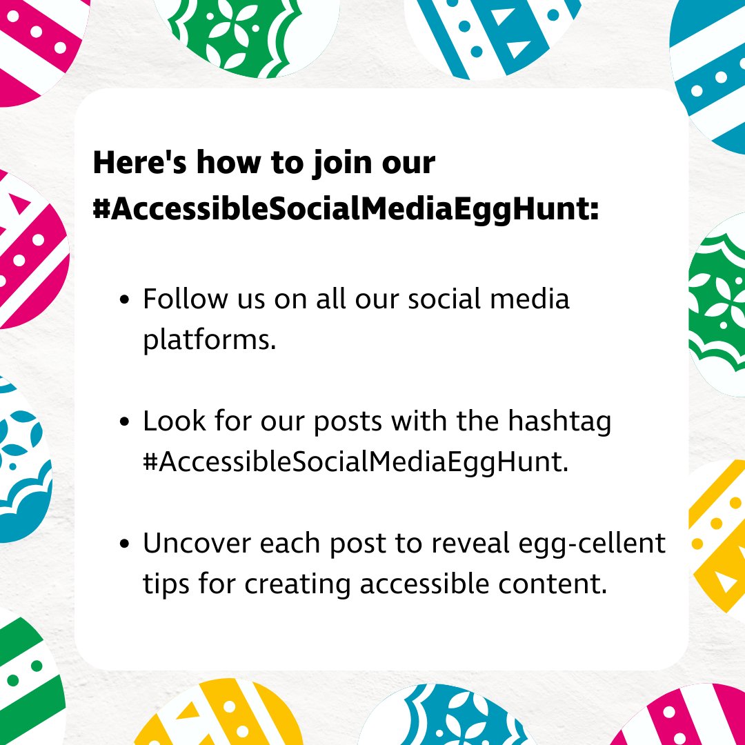This Easter, we've hidden special Easter eggs filled with valuable social media tips across @RNIB's social channels. Each post contains an egg-cellent tip so you can make your social media content accessible to everyone. Hoppy hunting… #AccessibleSocialMediaEggHunt