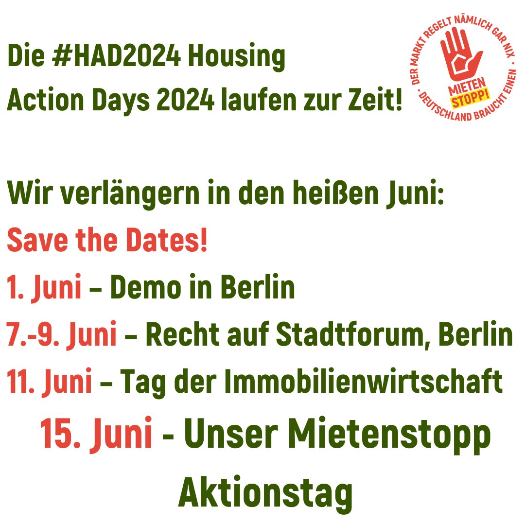 Frohe Ostern! Wir haben noch ein paar dicke Eier für Euch vorbereitet: 1. Juni – Demo in Berlin 7.-9. Juni – #RechtaufStadt Forum, Berlin 11. Juni – Tag der Immobilienwirtschaft 15. Juni - Unser #Mietenstopp Aktionstag #HAD2024 #HousingActionDays2024 #mietenwahnsinnstoppen