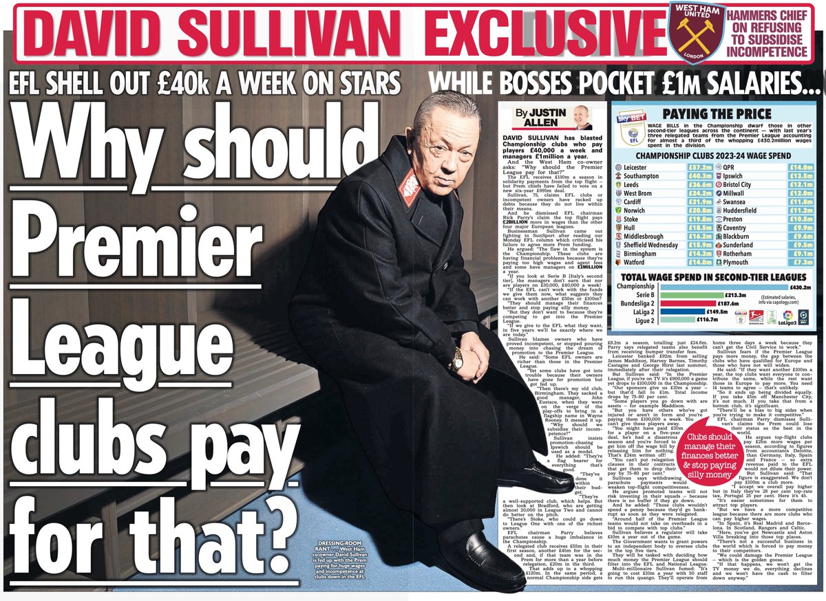 1/2: West Ham chairman David Sullivan came out fighting after reading my Monday #EFL column. He says: 'Some Championship clubs pay players £40k a week & managers £1m a year.' And he asks: 'Why should the #PremierLeague pay for that?' | #WHUFC #WestHam @WestHam 👇…