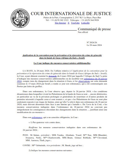 Leradar509's tweet photo. 🚨🗞️🇮🇱🇵🇸 La Cour internationale de Justice (CIJ) a rendu une ordonnance concernant l’application de la Convention pour la prévention et la répression du crime de génocide dans la bande de Gaza, suite à une demande de l’Afrique du Sud en mars 2024. https://t.co/FdijF2GJCt