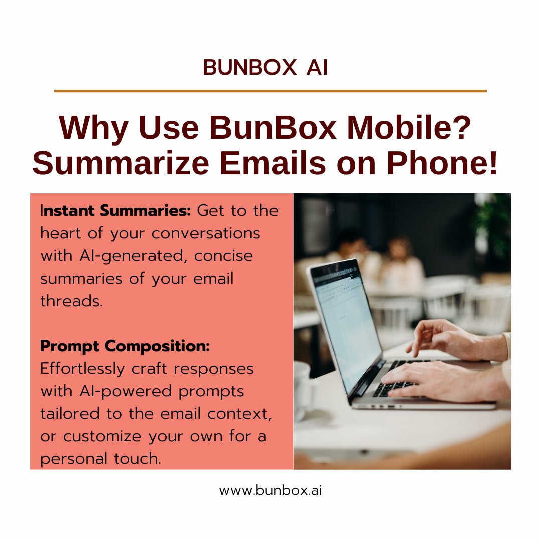 Emails are a crucial part of our daily lives, but managing them can be a daunting task. That's where BunBox steps in, transforming your email experience from overwhelming to enjoyable. Try BunBox today! Visit bunbox.ai for  information.
.
.
#BunBox #EmailManagement